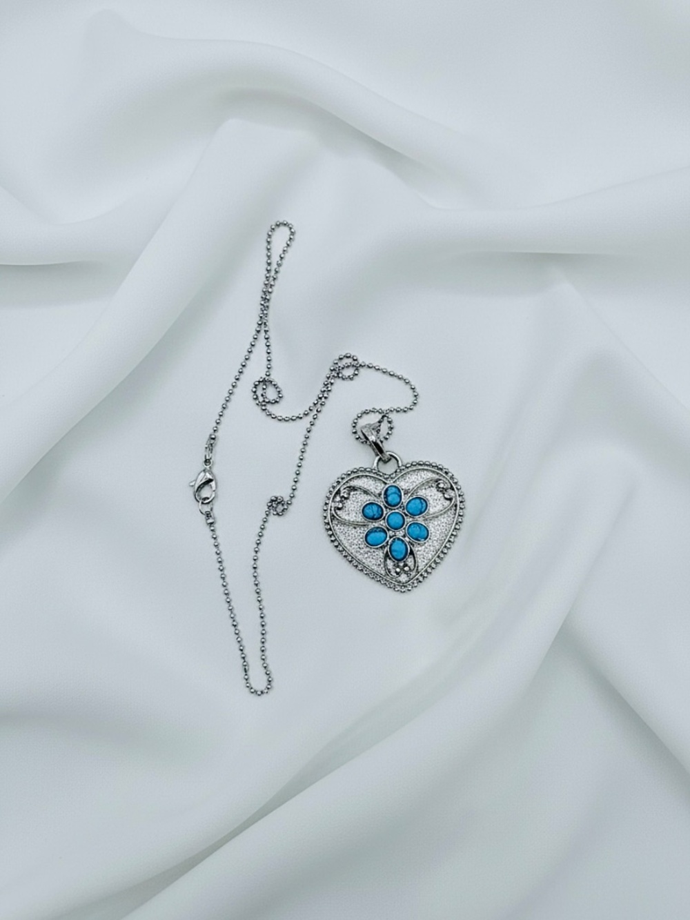 Silver-Tone Heart Pendant Necklace with Turquoise Blue Floral Stones - Picture 4 of 4